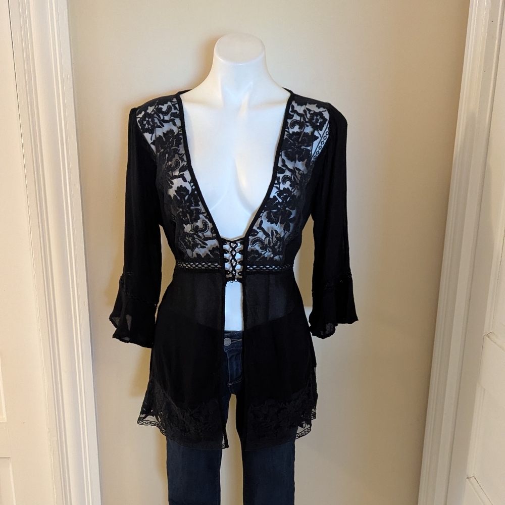 TopShop black sheer to with lace Insert size S